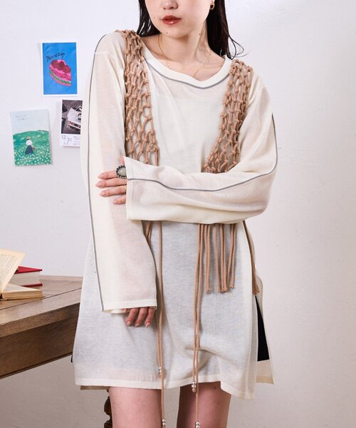 CIAOPANIC TYPY（チャオパニックティピー）の「配色ラインシアーチュニック（ニット/セーター・レディース・ベージュ/チャコールグレー/オフホワイト・ONE SIZE）」の6枚目の写真