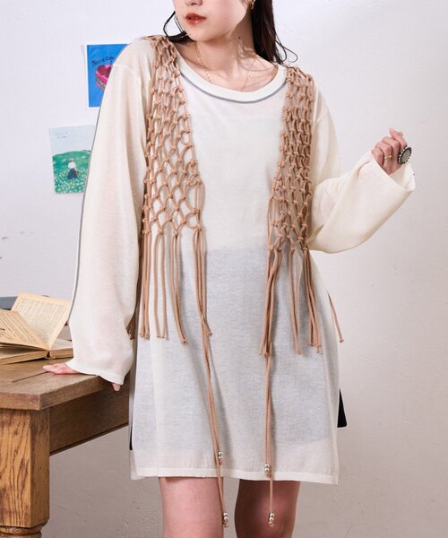 CIAOPANIC TYPY（チャオパニックティピー）の「配色ラインシアーチュニック（ニット/セーター・レディース・ベージュ/チャコールグレー/オフホワイト・ONE SIZE）」の7枚目の写真