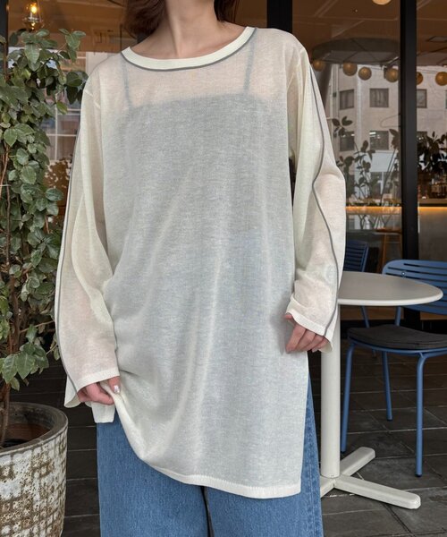 CIAOPANIC TYPY（チャオパニックティピー）の「配色ラインシアーチュニック（ニット/セーター・レディース・ベージュ/チャコールグレー/オフホワイト・ONE SIZE）」の19枚目の写真