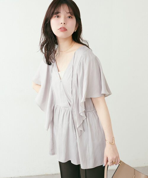 natural couture(ナチュラルクチュール)の「WEB限定 /【mamamo】ヴィンテージサテンラッフルブラウス(シャツ/ブラウス・レディース・ピンク/その他1/グレイッシュベージュ/チャコールグレー・FREE)」の22枚目の写真