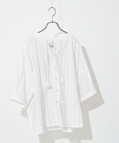 NOMBRE IMPAIR(ノンブルアンペール) 綿刺繍ストライプ　タッセル付キブラウス(01-1-06-203-5-2) 綿刺繍ストライプ タッセル付キブラウス | NOMBRE IMPAIR