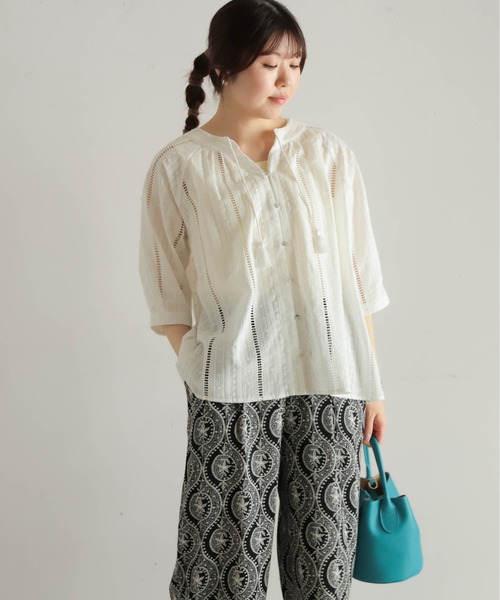 NOMBRE IMPAIR(ノンブルアンペール) 綿刺繍ストライプ　タッセル付キブラウス(01-1-06-203-5-2) 綿刺繍ストライプ タッセル付キブラウス | NOMBRE IMPAIR