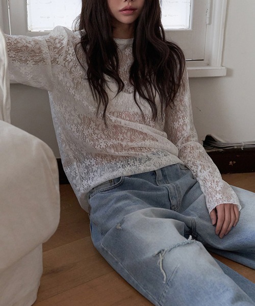 Girly Doll(ガーリードール)の「花柄シアークルーネックカットソー(Tシャツ/カットソー・レディース・ライトグリーン/ホワイト/ブラック・F)」の7枚目の写真