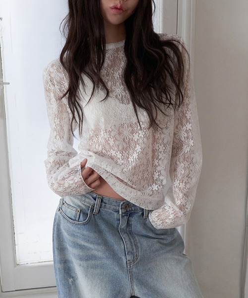 Girly Doll(ガーリードール)の「花柄シアークルーネックカットソー(Tシャツ/カットソー・レディース・ライトグリーン/ホワイト/ブラック・F)」の8枚目の写真