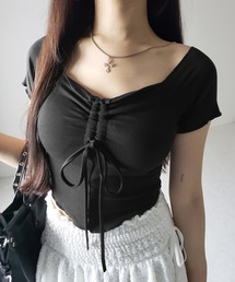※※【 3color 】シャーリングリボンオフショルメローTシャツ / shirring ribbon off-shoulder mellow T-shirt