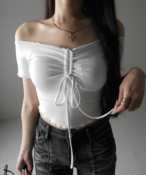 me+em select(ミームセレクト)の「※※【 3color 】シャーリングリボンオフショルメローTシャツ / shirring ribbon off-shoulder mellow T-shirt(Tシャツ/カットソー・レディース・グレー/ブラック/ホワイト・FREE)」の21枚目の写真