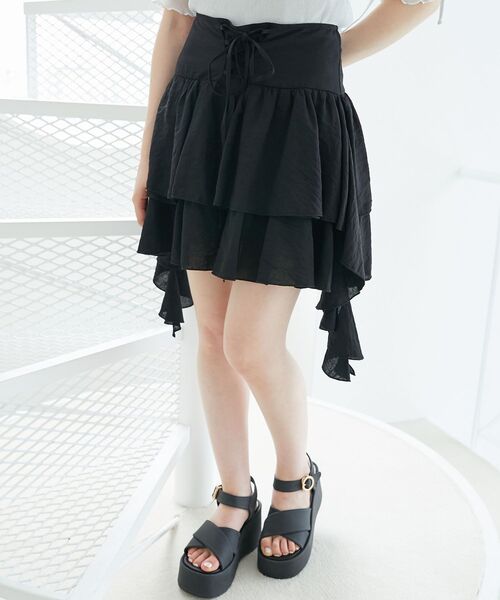 MAJESTIC LEGON(マジェスティックレゴン)の「サイドラッフルティアードミニスカパン(スカート・レディース・オフホワイト/ブラウン系その他2/ブラック・MEDIUM)」の14枚目の写真