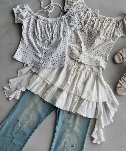 MAJESTIC LEGON(マジェスティックレゴン)の「サイドラッフルティアードミニスカパン(スカート・レディース・オフホワイト/ブラウン系その他2/ブラック・MEDIUM)」の10枚目の写真