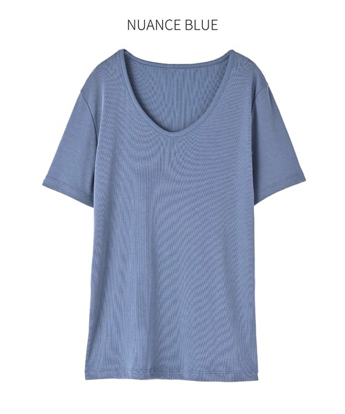 STYLE DELI(スタイルデリ)の「しっとり質感の緩やかVネックとろみトップス(Tシャツ/カットソー・レディース・ブルー/ホワイト/スミクロ・FREE/MEDIUM)」の4枚目の写真