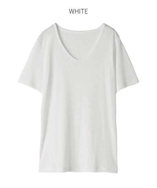 STYLE DELI(スタイルデリ)の「しっとり質感の緩やかVネックとろみトップス(Tシャツ/カットソー・レディース・ブルー/ホワイト/スミクロ・FREE/MEDIUM)」の5枚目の写真