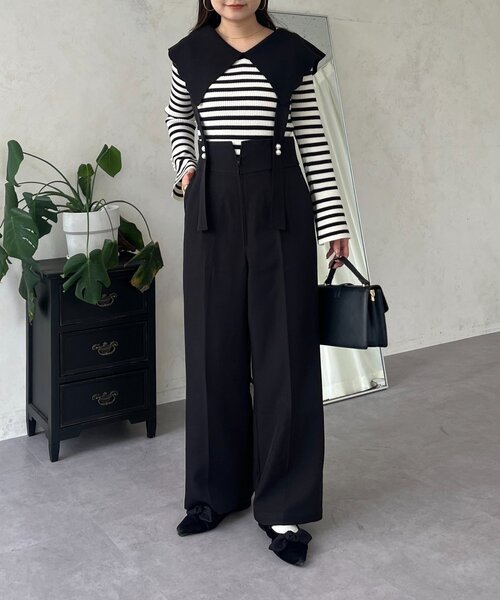 prose verse（プロズヴェール）の「フロントパールハイウエストサス付きパンツ（サロペット/オーバーオール・レディース・ブラック・PL/PM/LARGE/MEDIUM）」の4枚目の写真