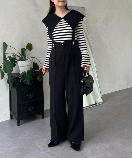 prose verse（プロズヴェール）の「フロントパールハイウエストサス付きパンツ（サロペット/オーバーオール・レディース・ブラック・PL/PM/LARGE/MEDIUM）」の5枚目の写真