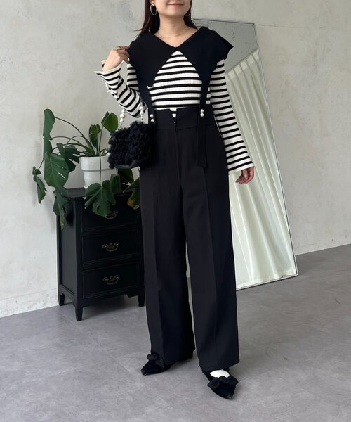 prose verse（プロズヴェール）の「フロントパールハイウエストサス付きパンツ（サロペット/オーバーオール・レディース・ブラック・PL/PM/LARGE/MEDIUM）」の2枚目の写真