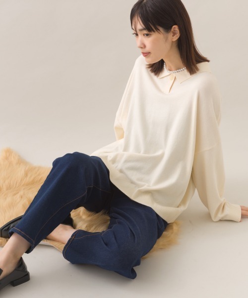 OMNES(オムネス)の「ハイゲージポロニット1つボタンプルオーバー(ニット/セーター・レディース・オフホワイト/レッド/ブラウン/ダークグレー・FREE)」の9枚目の写真