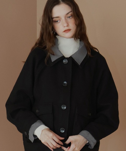 レーヤード風バイカラーネックフェイクウールジャケット（その他