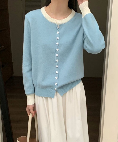 by LEGNA(バイレグナ)の「バイカラークルーネックカーディガン(カーディガン/ボレロ・レディース・ブルー/グレー/ホワイト/ピンク・FREE)」の8枚目の写真
