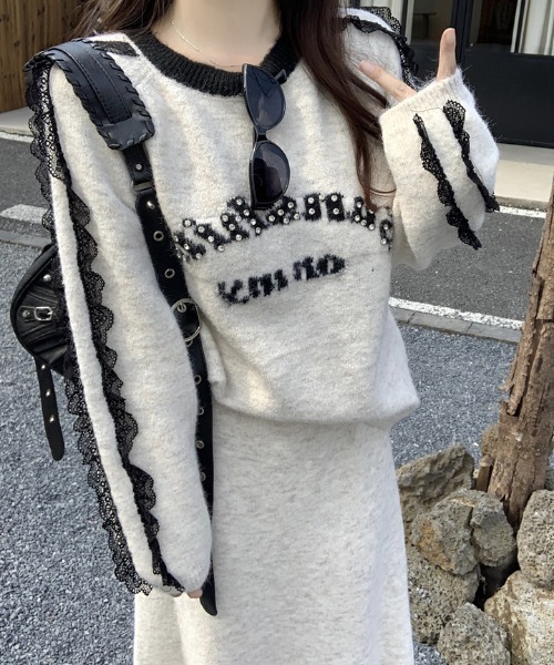 Diosfront(ディオスフロント)の「袖レースドッキングロゴジャガードニットセットアップ(セットアップ・レディース・チャコールグレー/ベージュ/グレー・FREE)」の15枚目の写真