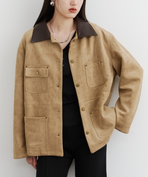 セール】レザーカラースエードカバーオール（ミリタリージャケット