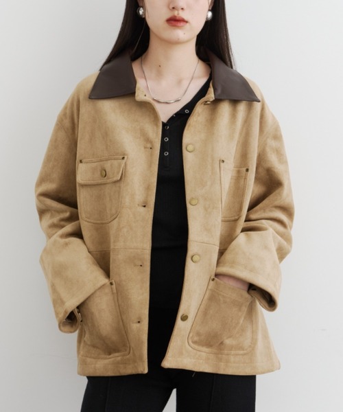 セール】レザーカラースエードカバーオール（ミリタリージャケット