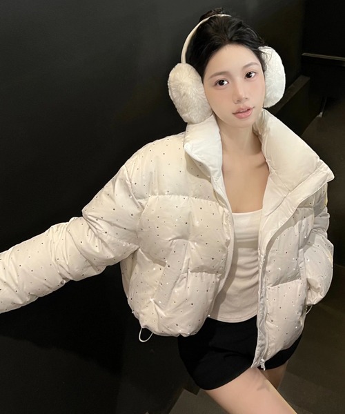 セール】キラキラビジューが輝く中綿ショートダウンジャケット／3色