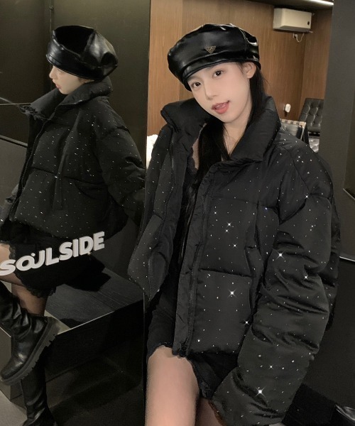 セール】キラキラビジューが輝く中綿ショートダウンジャケット／3色