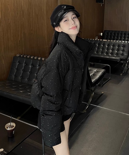 セール】キラキラビジューが輝く中綿ショートダウンジャケット／3色