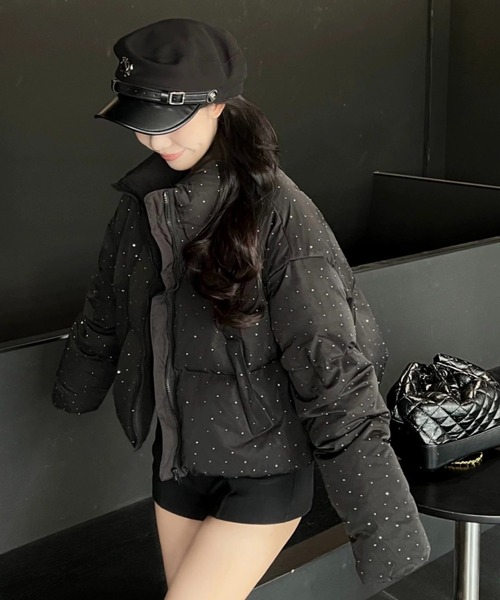 セール】キラキラビジューが輝く中綿ショートダウンジャケット／3色