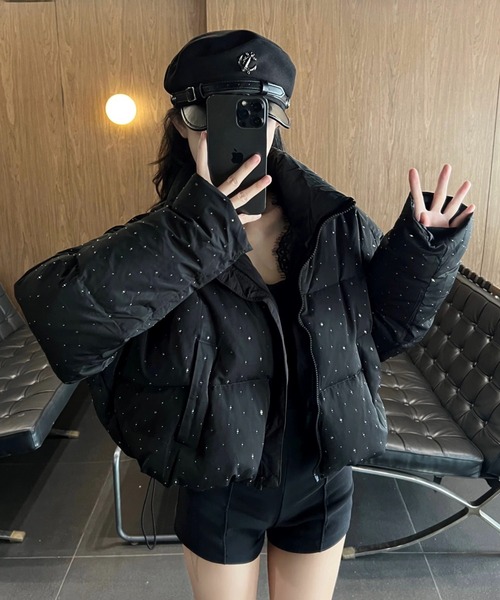 セール】キラキラビジューが輝く中綿ショートダウンジャケット／3色