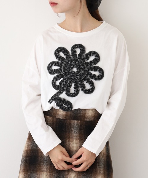 BARNDOOR(バーンドア)の「20天竺花フリルドルマンロンT 長袖(Tシャツ/カットソー・レディース・杢グレー/ブラック/アイボリー・FREE)」の4枚目の写真
