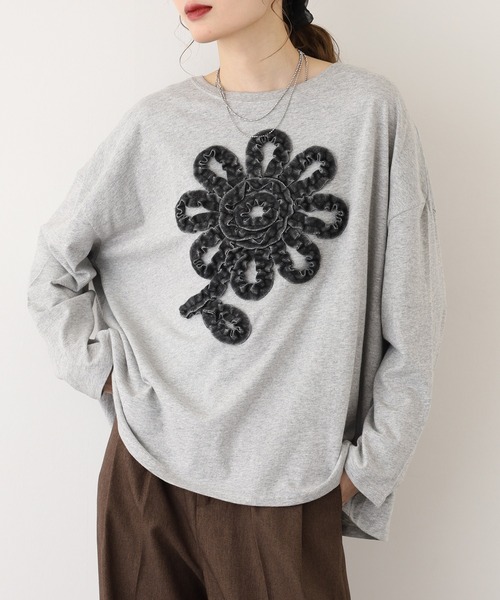 BARNDOOR(バーンドア)の「20天竺花フリルドルマンロンT 長袖(Tシャツ/カットソー・レディース・杢グレー/ブラック/アイボリー・FREE)」の16枚目の写真