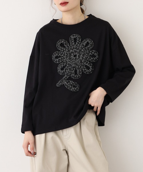 BARNDOOR(バーンドア)の「20天竺花フリルドルマンロンT 長袖(Tシャツ/カットソー・レディース・杢グレー/ブラック/アイボリー・FREE)」の10枚目の写真