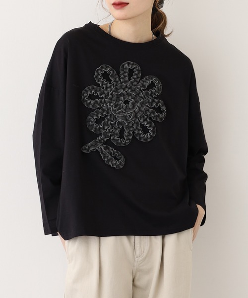 BARNDOOR(バーンドア)の「20天竺花フリルドルマンロンT 長袖(Tシャツ/カットソー・レディース・杢グレー/ブラック/アイボリー・FREE)」の11枚目の写真