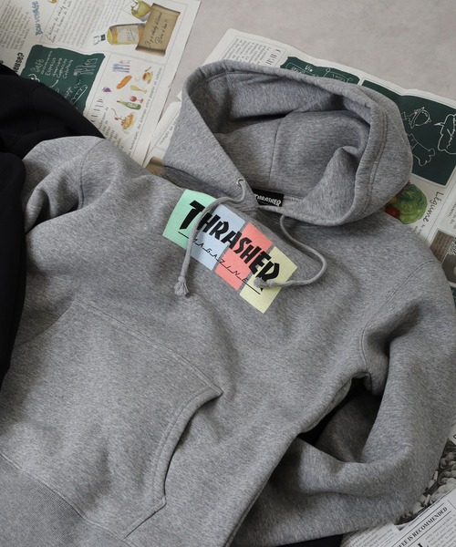 THRASHER(スラッシャー)の「THRASHER 4C BOX LOGO SWEAT L/S HOODIE 長袖スウェットプルオーバーパーカー(パーカー・メンズ・グレー/グレー系/ブラック/ブラック系・L/XL/M)」の3枚目の写真