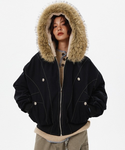 mushwear（マッシュウェア）の「ボリュームファーフード付きショートブルゾン（ブルゾン・メンズ・ブラック/ブラウン・LARGE/MEDIUM/X-LARGE）」の3枚目の写真