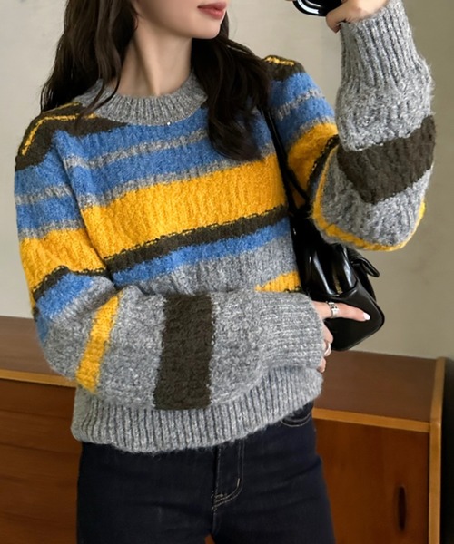 Eclat one（エクラワン）の「【Eclat one】マルチ ボーダー ニット（ニット/セーター・レディース・イエロー/オレンジ・FREE）」の13枚目の写真