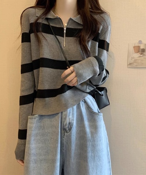 SallyLunn(サリーラン)の「ボーダーニットジップトップス(ニット/セーター・レディース・ブラック/ブラウン/ホワイト/グレー・FREE)」の3枚目の写真
