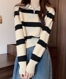 ボーダーニットジップトップス