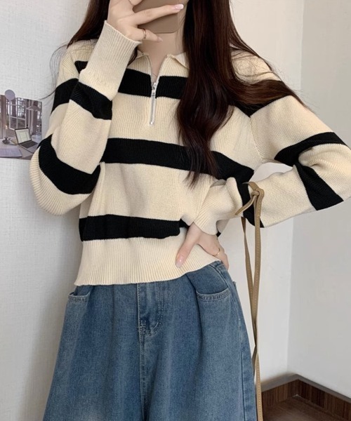 SallyLunn(サリーラン)の「ボーダーニットジップトップス(ニット/セーター・レディース・ブラック/ブラウン/ホワイト/グレー・FREE)」の8枚目の写真