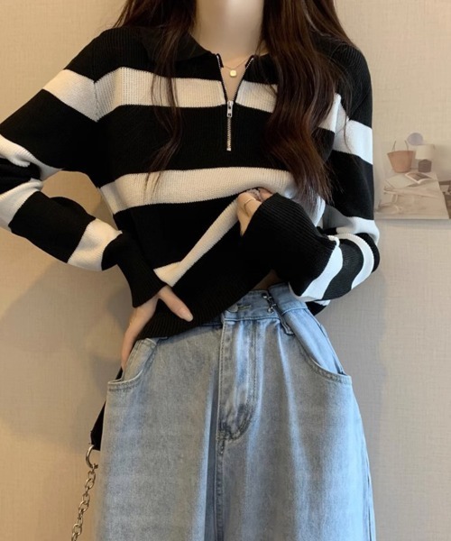 SallyLunn(サリーラン)の「ボーダーニットジップトップス(ニット/セーター・レディース・ブラック/ブラウン/ホワイト/グレー・FREE)」の5枚目の写真