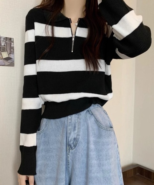 SallyLunn(サリーラン)の「ボーダーニットジップトップス(ニット/セーター・レディース・ブラック/ブラウン/ホワイト/グレー・FREE)」の6枚目の写真