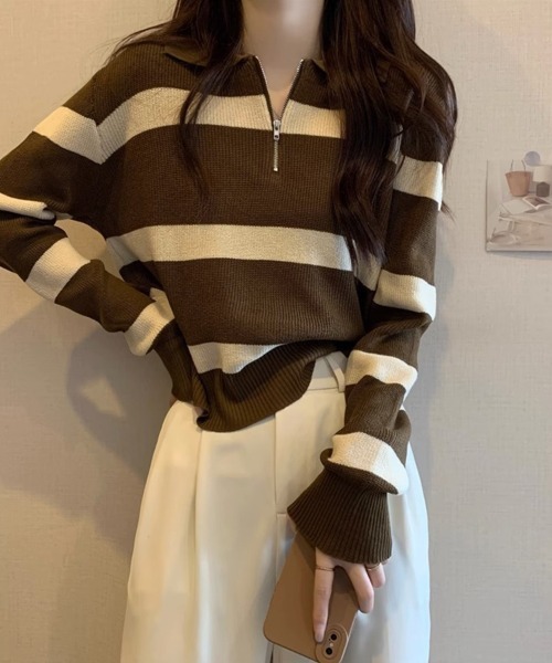 SallyLunn(サリーラン)の「ボーダーニットジップトップス(ニット/セーター・レディース・ブラック/ブラウン/ホワイト/グレー・FREE)」の16枚目の写真
