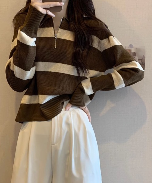 SallyLunn(サリーラン)の「ボーダーニットジップトップス(ニット/セーター・レディース・ブラック/ブラウン/ホワイト/グレー・FREE)」の17枚目の写真