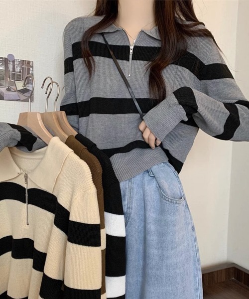 SallyLunn(サリーラン)の「ボーダーニットジップトップス(ニット/セーター・レディース・ブラック/ブラウン/ホワイト/グレー・FREE)」の18枚目の写真