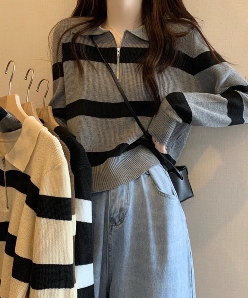 SallyLunn(サリーラン)の「ボーダーニットジップトップス(ニット/セーター・レディース・ブラック/ブラウン/ホワイト/グレー・FREE)」の19枚目の写真