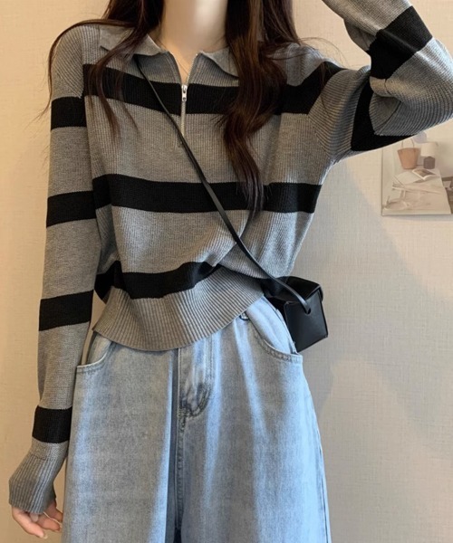 SallyLunn(サリーラン)の「ボーダーニットジップトップス(ニット/セーター・レディース・ブラック/ブラウン/ホワイト/グレー・FREE)」の11枚目の写真