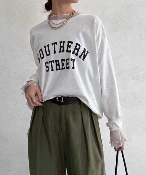 DouDou(ドゥドゥ)の「【WEB限定】フロッキーロゴレイヤードトップス(Tシャツ/カットソー・レディース・オフホワイト/ネイビー/ブラック・FREE)」の2枚目の写真