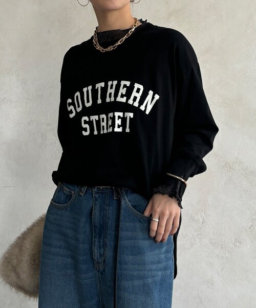DouDou(ドゥドゥ)の「【WEB限定】フロッキーロゴレイヤードトップス(Tシャツ/カットソー・レディース・オフホワイト/ネイビー/ブラック・FREE)」の1枚目の写真