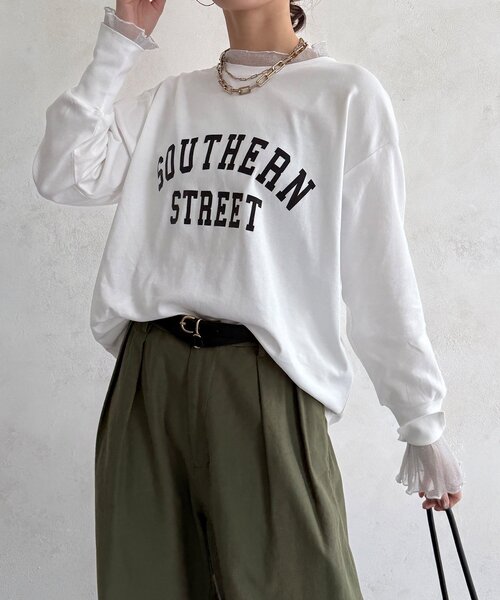 DouDou(ドゥドゥ)の「【WEB限定】フロッキーロゴレイヤードトップス(Tシャツ/カットソー・レディース・オフホワイト/ネイビー/ブラック・FREE)」の9枚目の写真