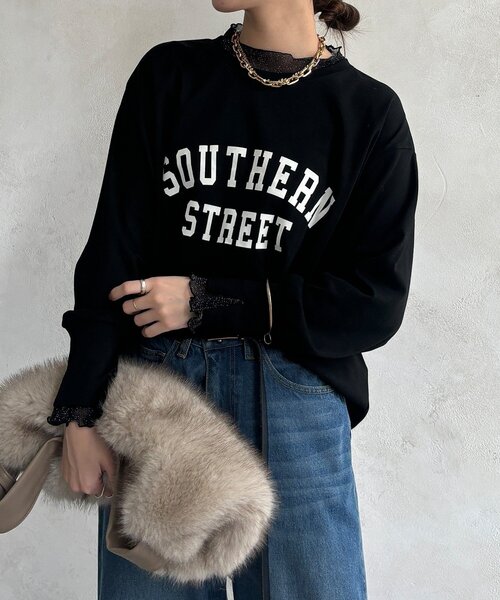 DouDou(ドゥドゥ)の「【WEB限定】フロッキーロゴレイヤードトップス(Tシャツ/カットソー・レディース・オフホワイト/ネイビー/ブラック・FREE)」の19枚目の写真