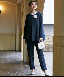slattgir（スラットジール）の「高身長　【フォーマル】ダブルクロスノーカラージャケット3点セット　(ジャケット＋ブラウス＋パンツ)（トールサイズ）（スーツセット）」